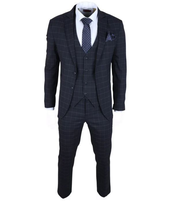 IM3 Men's Navy Checked Tailored Fit 3-Piece Suit