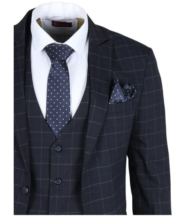 IM3 Men's Navy Checked Tailored Fit 3-Piece Suit