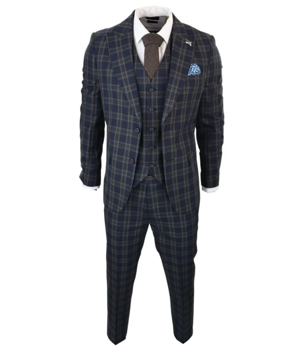 MT22Z0720 - Men's Navy Blue 3 Piece Check Suit