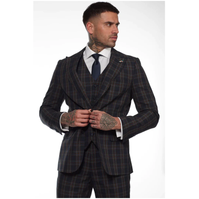 MT22Z0720 - Men's Navy Blue 3 Piece Check Suit