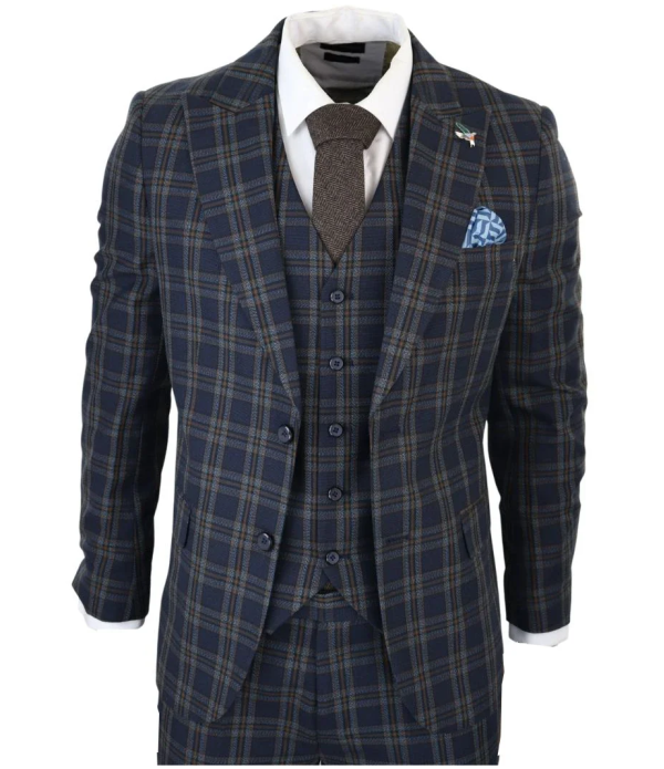 MT22Z0720 - Men's Navy Blue 3 Piece Check Suit