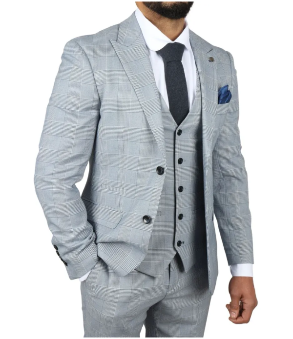 Mark Men's Light Blue 3-Piece Tweed Check Tailored Fit Suit