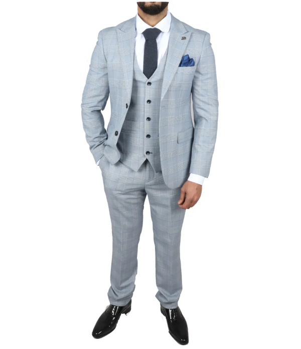 Mark Men's Light Blue 3-Piece Tweed Check Tailored Fit Suit