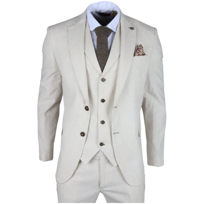 TP-21 Men's Beige 3-Piece Linen Summer Wedding Suit