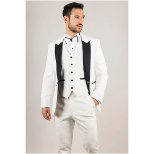 AK-24 Men’s White 3-Piece Velvet Wedding Tuxedo with Black Lapels