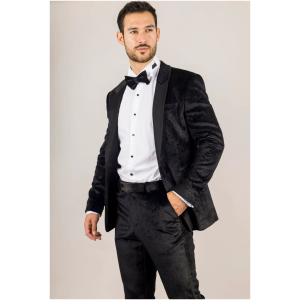 AK-26 Men’s Black 3-Piece Velvet Wedding Tuxedo with Satin Lapels