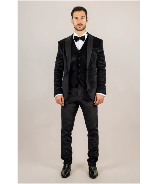 AK-26 Men's Black 3-Piece Velvet Wedding Tuxedo with Satin Lapels