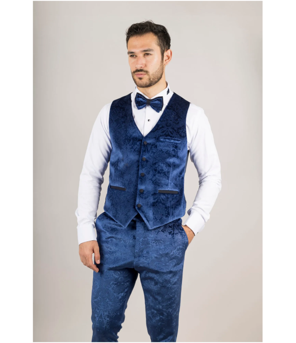 AK-27 Men's Blue 3-Piece Velvet Wedding Tuxedo with Black Satin Lapels