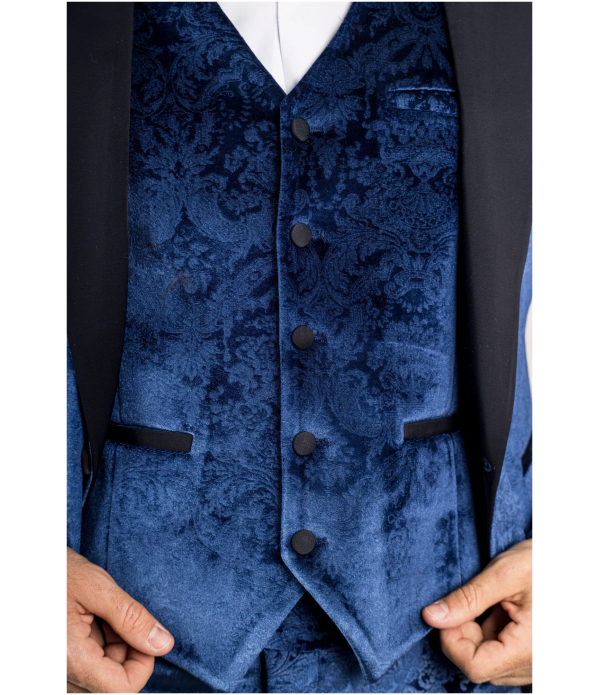 AK-27 Men's Blue 3-Piece Velvet Wedding Tuxedo with Black Satin Lapels