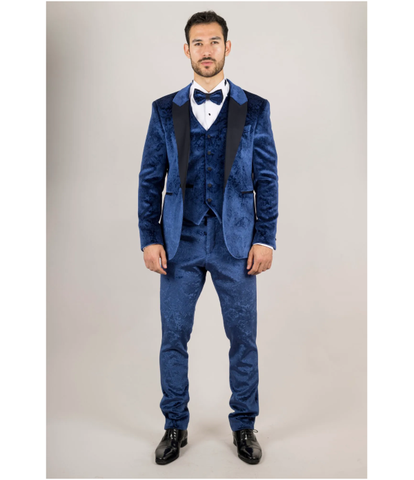 AK-27 Men's Blue 3-Piece Velvet Wedding Tuxedo with Black Satin Lapels