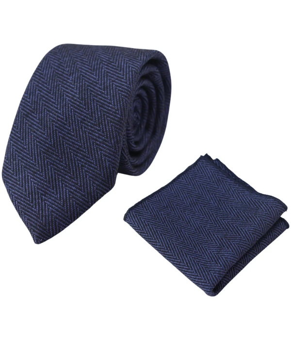 Men's Tweed Blue Herringbone Tie & Pocket Square Set