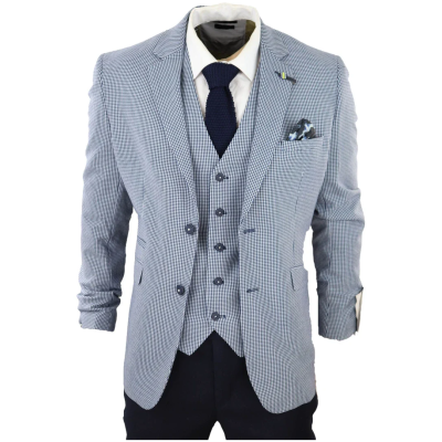 Baresi Men's 3-Piece Grey and Navy Contrasting Classic Summer Check Suit