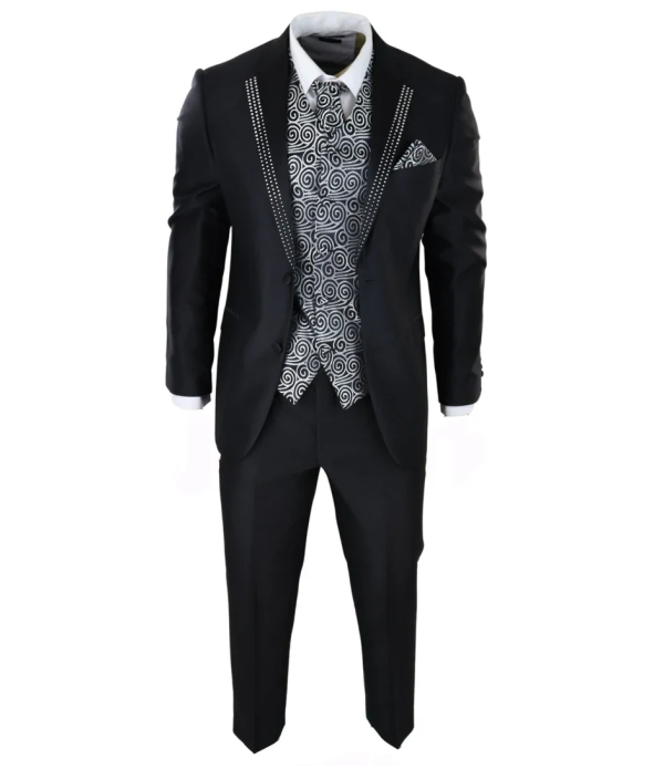 Men's Black 3-Piece Wedding Suit with Silver Cravat and Embellished Waistcoat