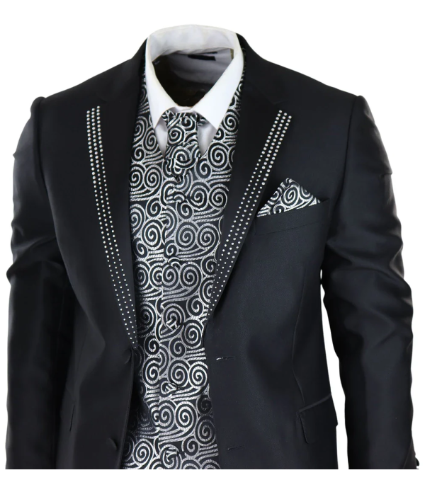 Men's Black 3-Piece Wedding Suit with Silver Cravat and Embellished Waistcoat