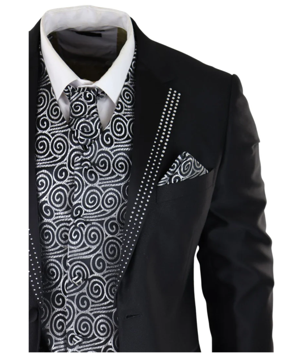 Men's Black 3-Piece Wedding Suit with Silver Cravat and Embellished Waistcoat