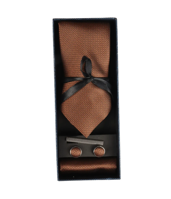 Diamond Neck Brown Tie Gift Set Pocket Square Cuff Links Pin Tie For Shirt Satin