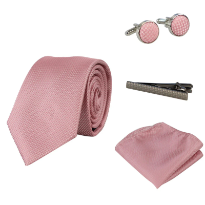 Diamond Neck Pink Tie Gift Set Pocket Square Cuff Links Pin Tie For Shirt Satin