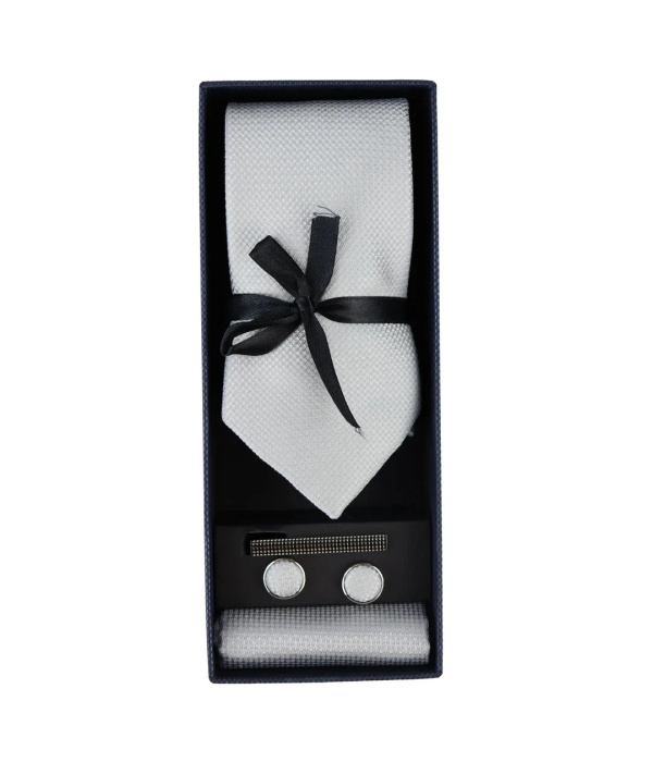 Diamond Neck Silver Tie Gift Set Pocket Square Cuff Links Pin Tie For Shirt Satin