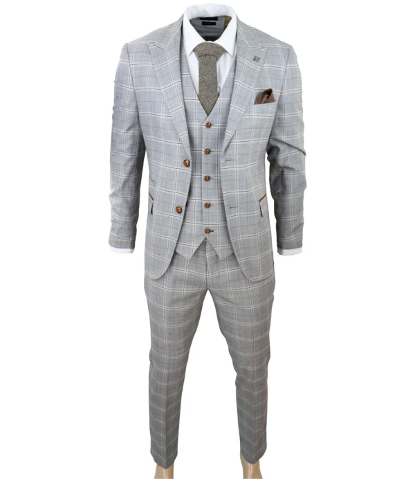 Francis Men's Grey 3-Piece Wedding Suit with Tan Brown Check and Velvet Trim