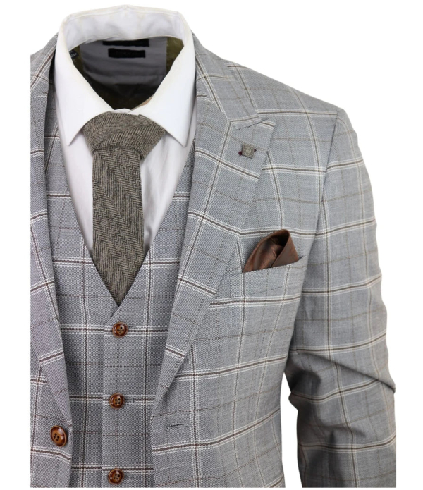 Francis Men's Grey 3-Piece Wedding Suit with Tan Brown Check and Velvet Trim