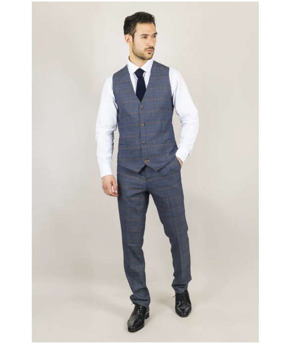 Gisborne Men's 3-Piece Navy Checked Suit with Mustard Accents