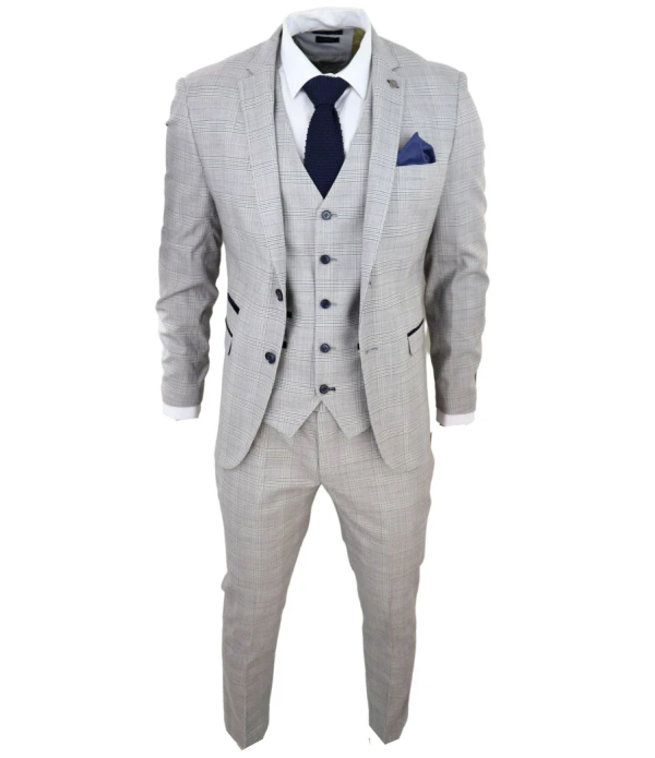 Hugo Men's Light Grey 3-Piece Suit with Navy Blue Check and Velvet Trims