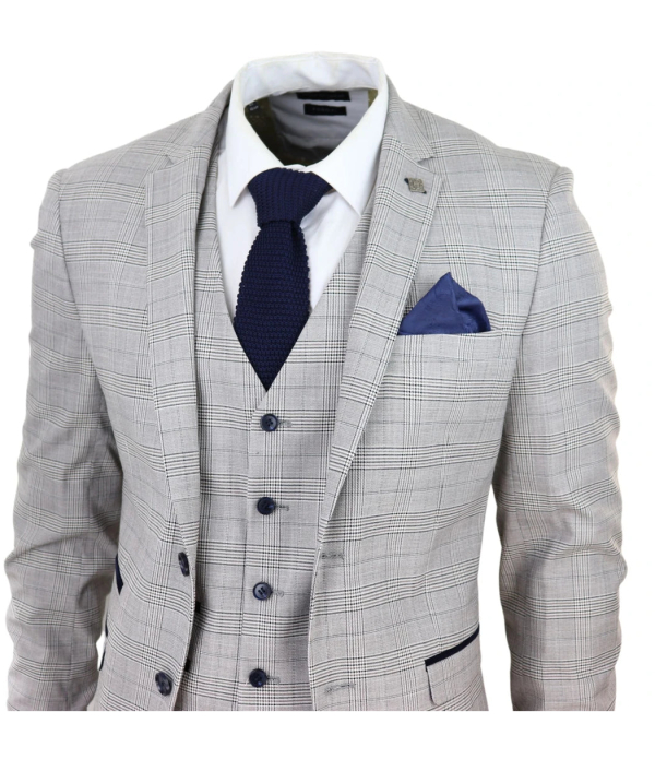 Hugo Men's Light Grey 3-Piece Suit with Navy Blue Check and Velvet Trims