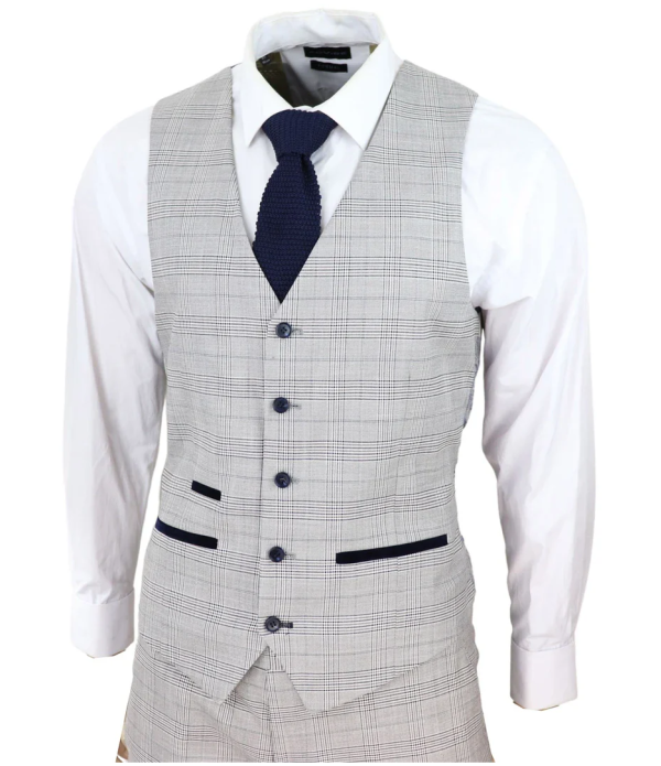 Hugo Men's Light Grey 3-Piece Suit with Navy Blue Check and Velvet Trims