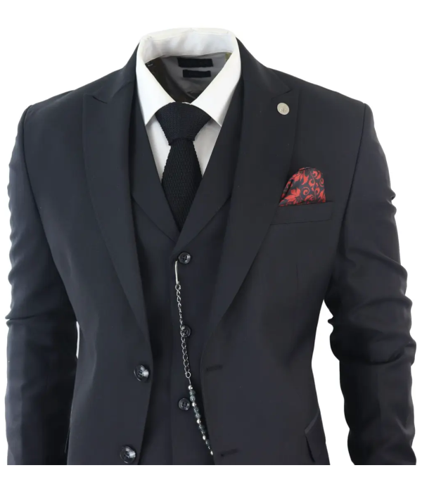 James Men's Classic Black 3-Piece Suit with Red Pocket Square