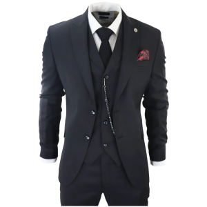 James Men’s Classic Black 3-Piece Suit with Red Pocket Square