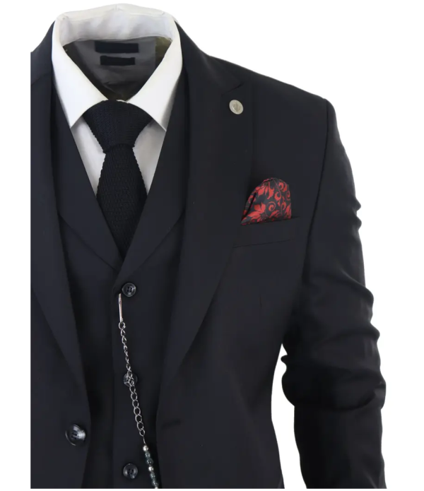 James Men's Classic Black 3-Piece Suit with Red Pocket Square