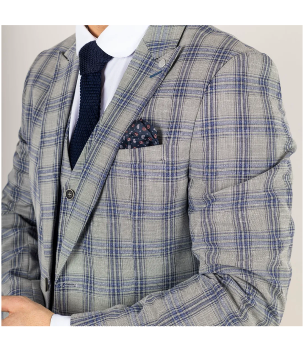 Knight Men's 3-Piece Grey and Blue Checked Suit