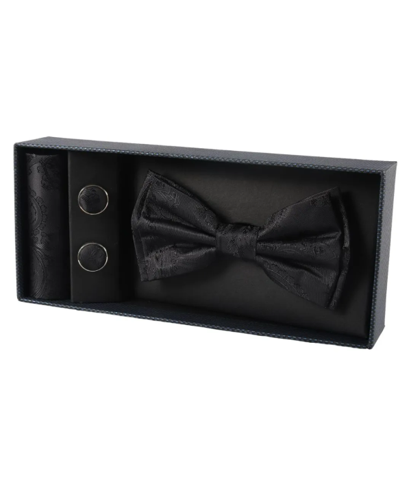 Men's Black Bow Tie Pocket Square Cuff Links Gift Set