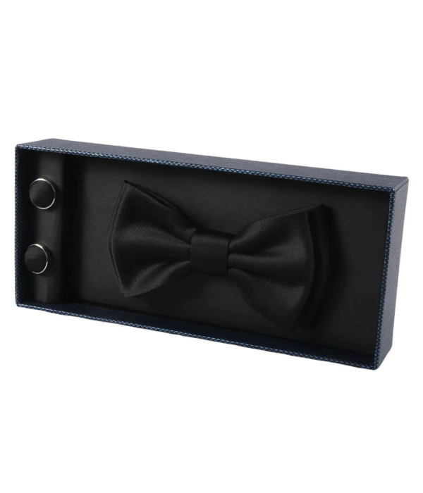 Men's Bow Tie Pocket Square Cuff Links Gift Set Black Color