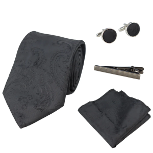 Paisley Neck Black Tie Gift Set Pocket Square Cuff Links Floral Satin