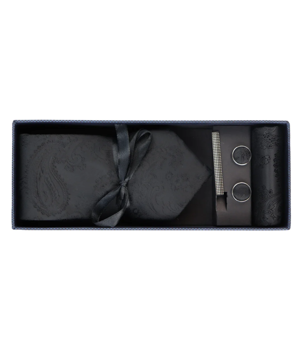 Paisley Neck Black Tie Gift Set Pocket Square Cuff Links Floral Satin