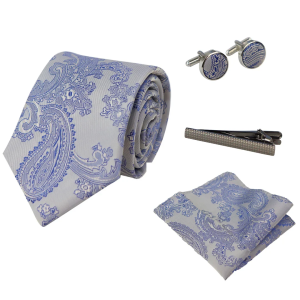 Paisley Neck Blue Tie Gift Set Pocket Square Cuff Links Floral Satin