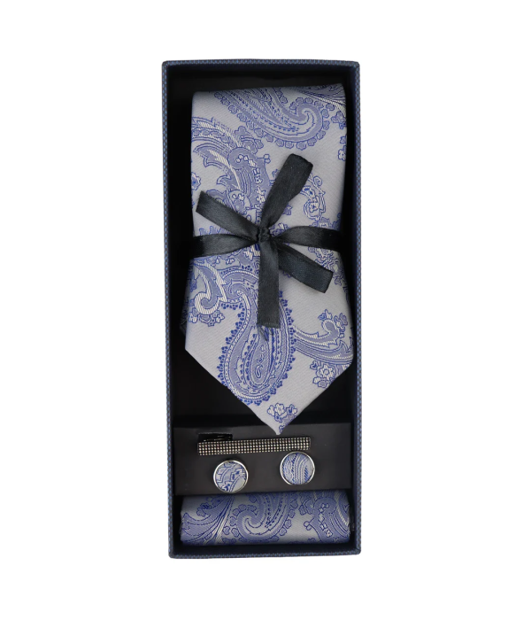 Paisley Neck Blue Tie Gift Set Pocket Square Cuff Links Floral Satin