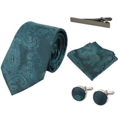 Paisley Neck Green Tie Gift Set Pocket Square Cuff Links Floral Satin