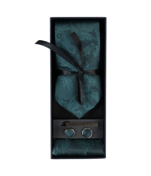 Paisley Neck Green Tie Gift Set Pocket Square Cuff Links Floral Satin