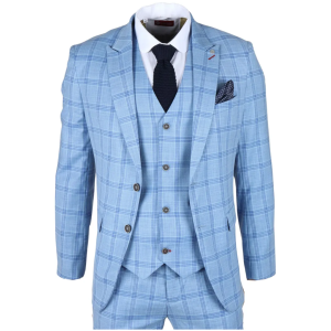 Plowman Men’s Light Blue 3-Piece Checked Suit