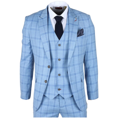 Plowman Men's Light Blue 3-Piece Checked Suit