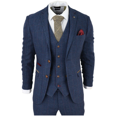 Scott Men's Blue 3-Piece Tweed Check Suit