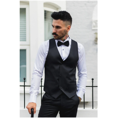 Men's Black Satin Double Breasted Waistcoat Black Tie Dinner Vest