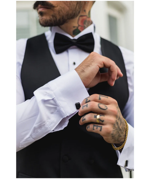 Men's Black Satin Double Breasted Waistcoat Black Tie Dinner Vest