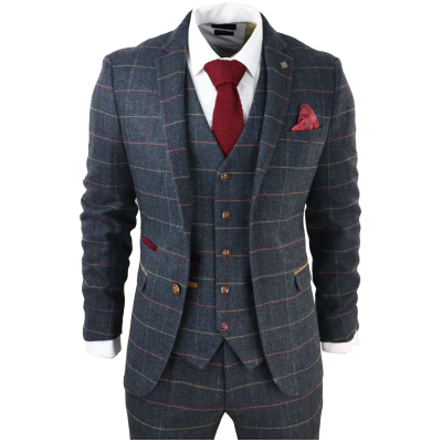 Thomas Men's Navy 3-Piece Tweed Check Suit