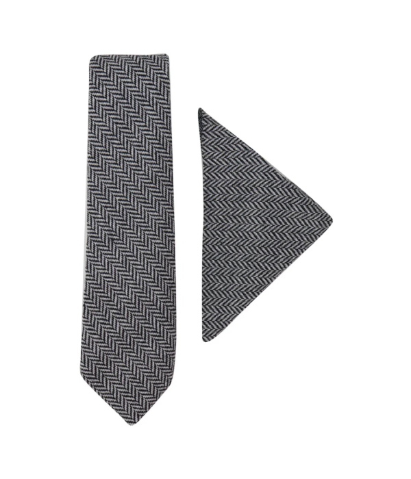 Men's Tweed Grey Tie Hankie Set Classic British Heritage Wool Herringbone